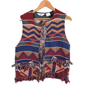 Vintage Sweater Vest Women's Small Medium Southwestern Tapestry Fringe Aztec